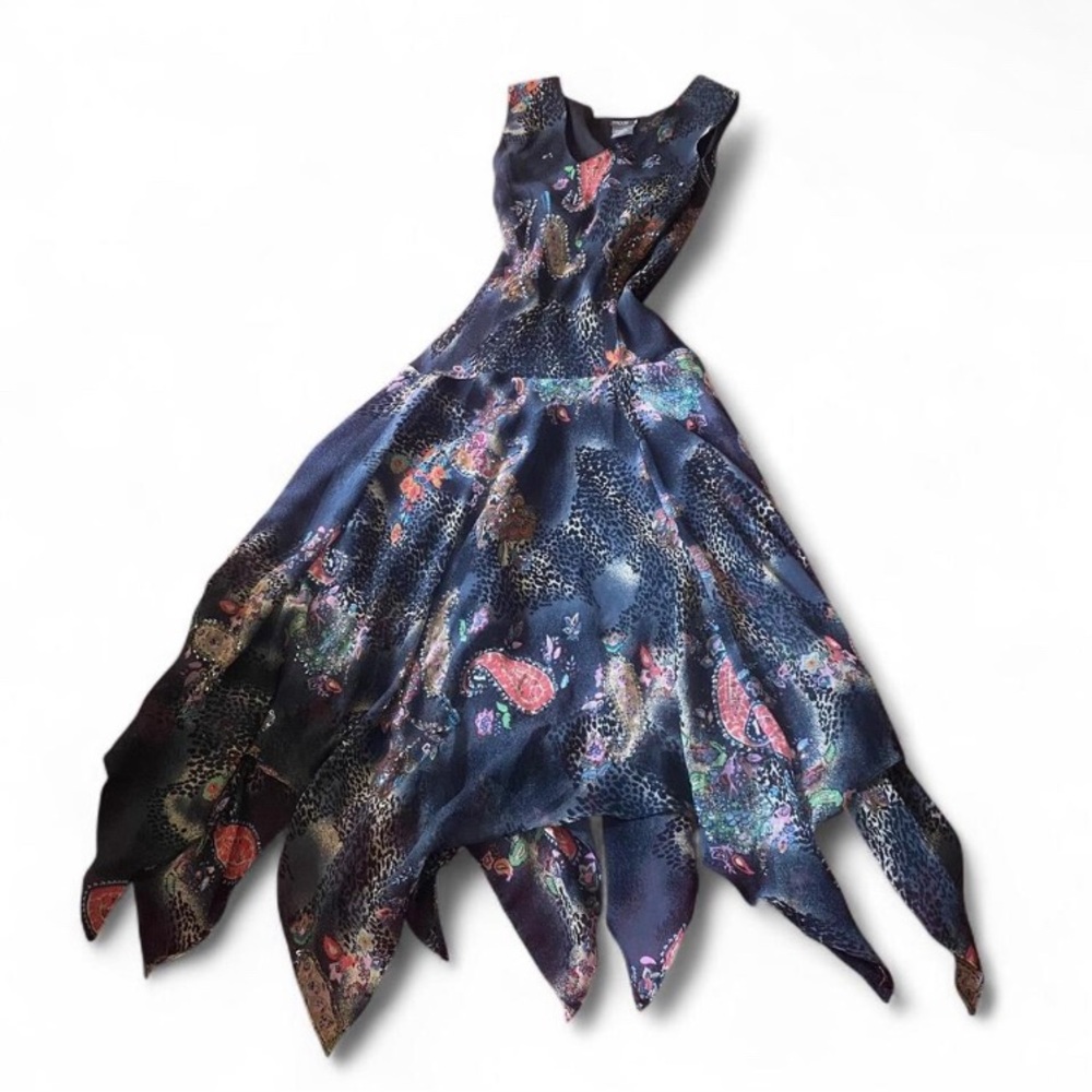 Vintage Y2K Asymmetrical Fairycore Flowy Sequin Detail Printed Dress